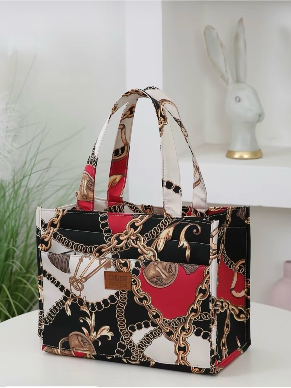 Chain Print Tote Purse Lunch Bag - Black/Red/White